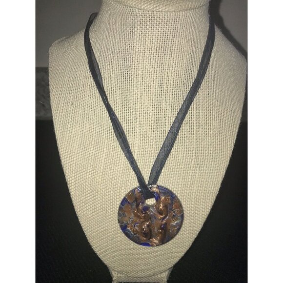 Cobalt Copper Swirl Pendant Murano Style Glass Black Ribbon Cord Choker Necklace - Picture 1 of 12